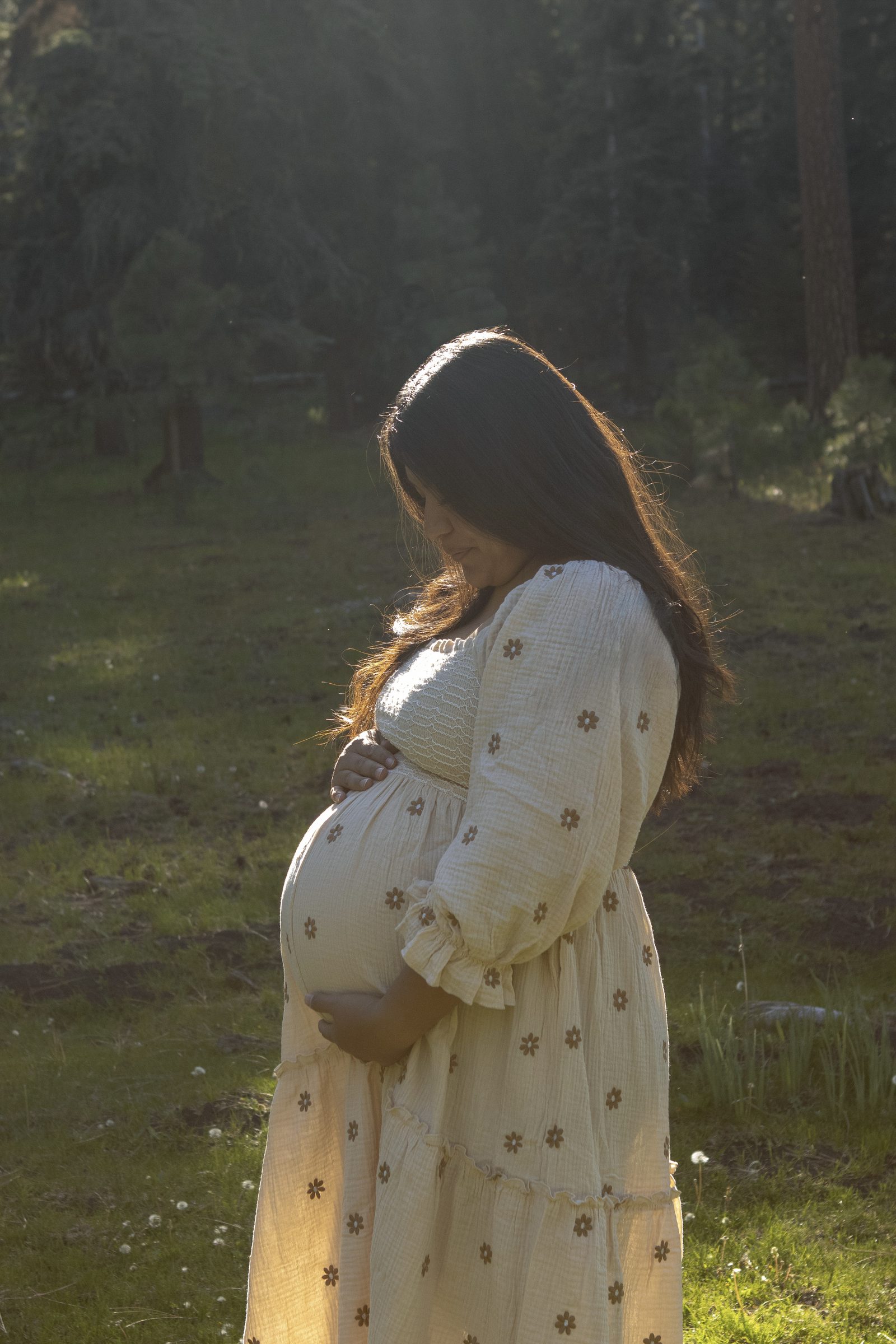 Expecting mother standing outdoors in the White Mountains at golden hour